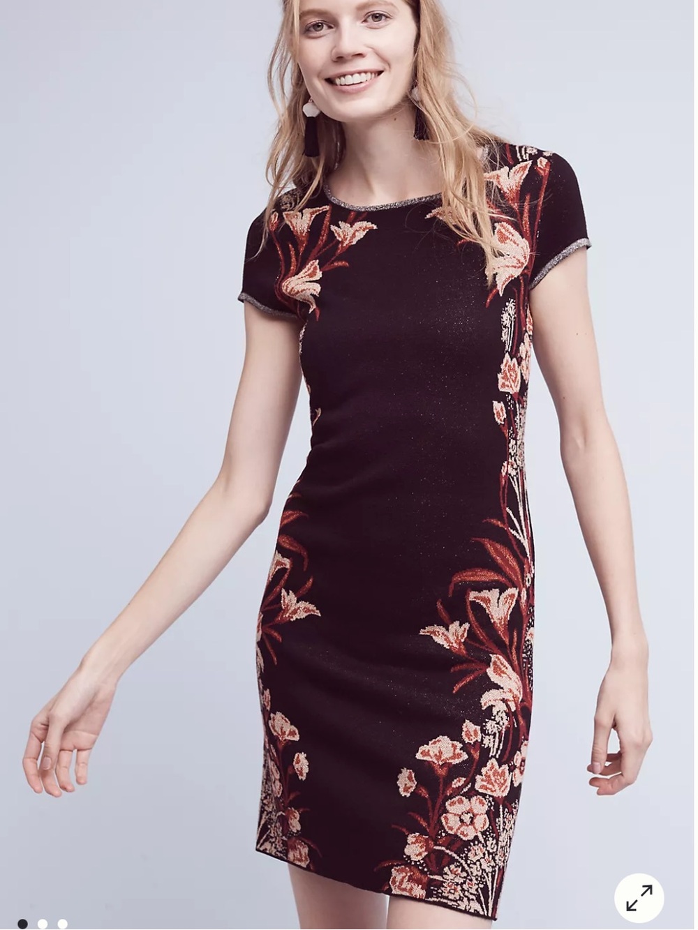 Anthropologie black and burgundy Floral Knit Mini Dress with Pink and Rust Accen